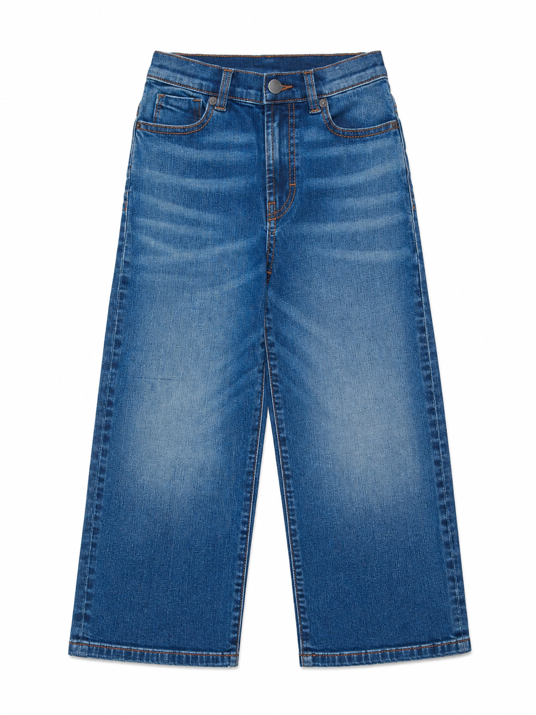 Medium Wash Faded Whiskered Wide-Leg Jeans