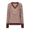 Burgundy and Cream Striped V-Neck Sweater